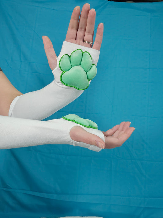 Green Plush Paw Pads on White Fingerless Gloves for Cosplay Furry