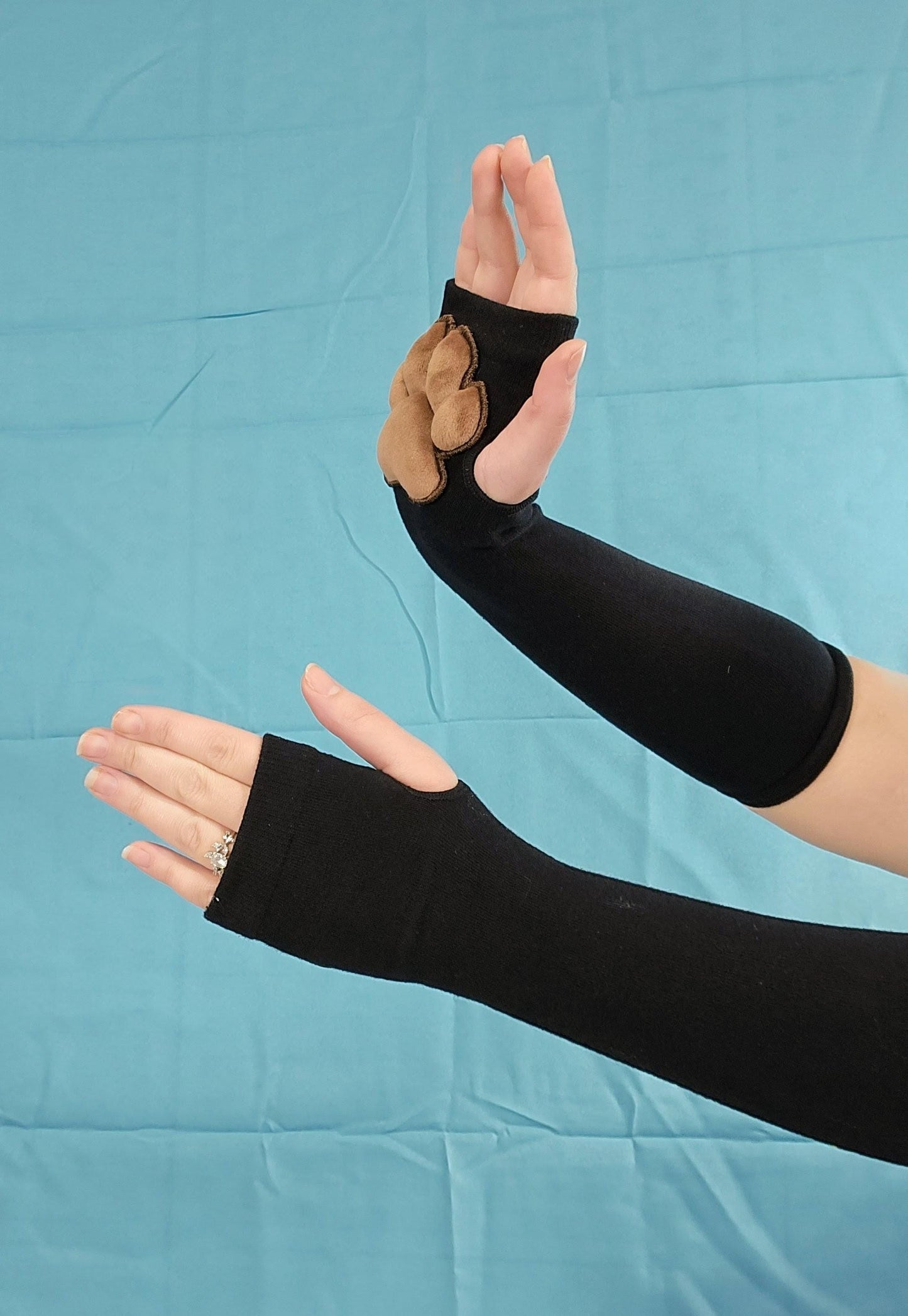 Brown Mochi Stuffed Cat Plush Pawpads on Black Fingerless Gloves