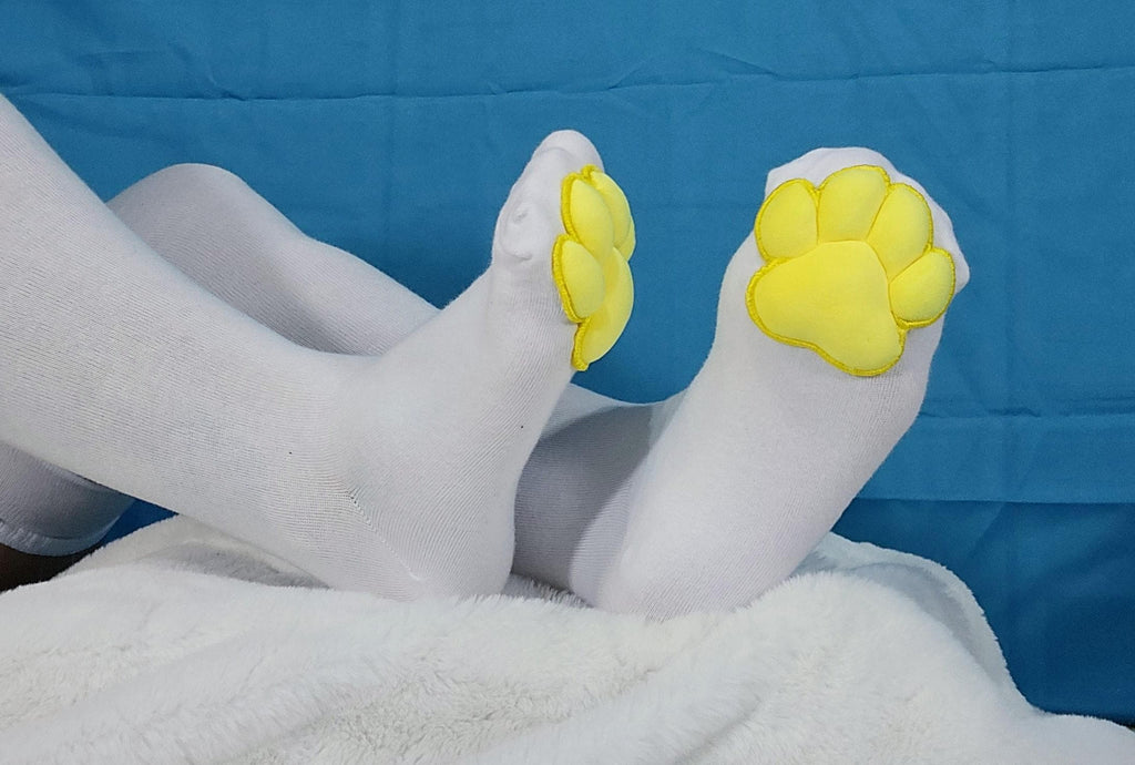 Plush Yellow Mochi Paw Pad Beans White Thigh High Stockings