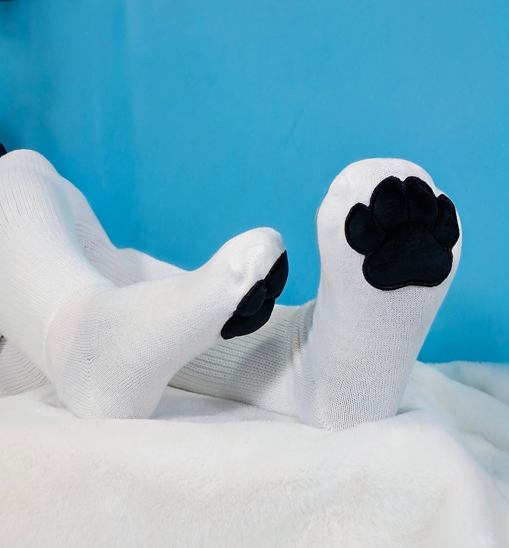 Plush Black Paw Pad Beans on White Thigh High Socks