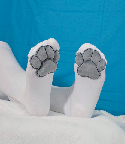 Puffy Grey Mochi Cat Paw Pad Style Bean with White Thigh High Stockings