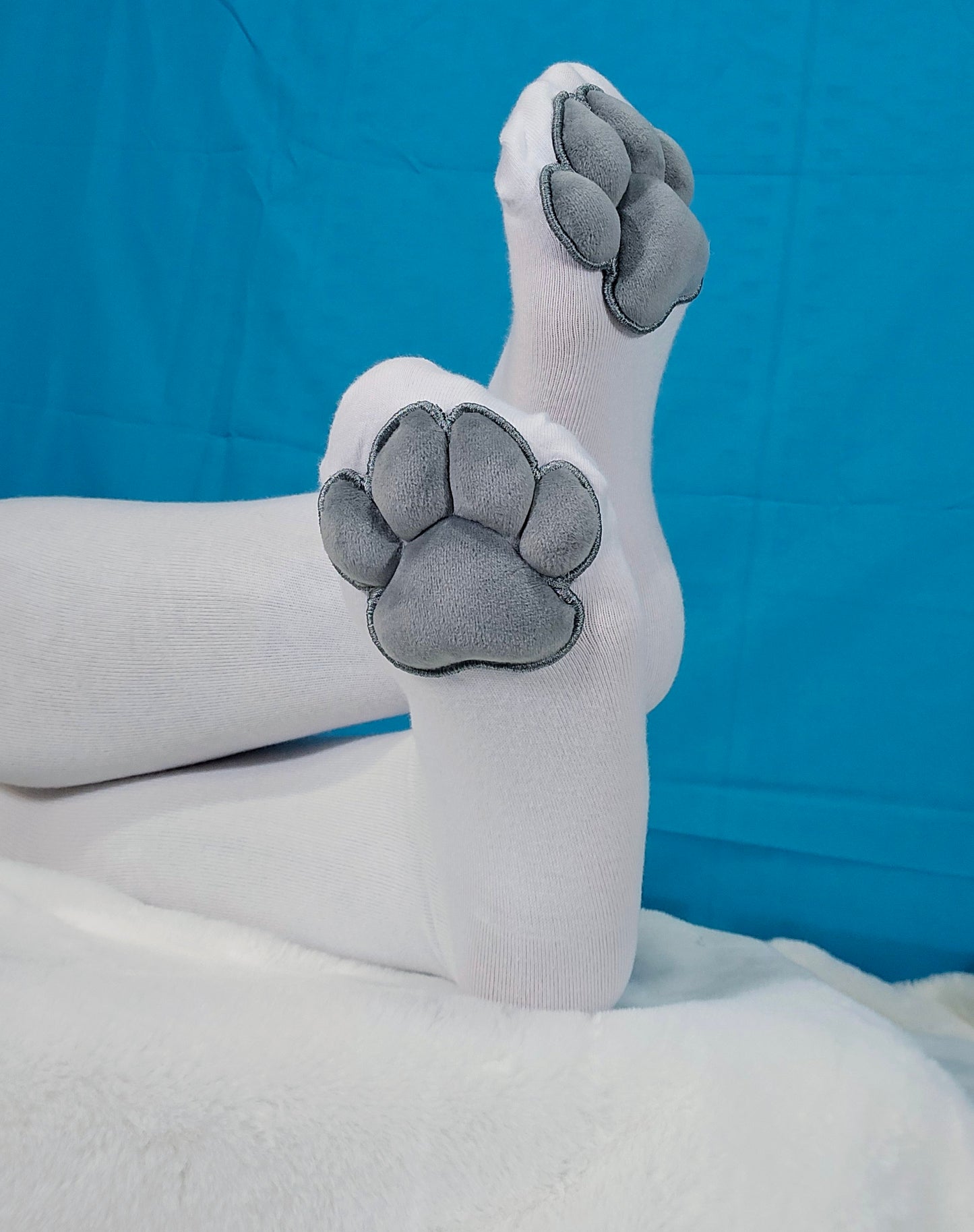 Puffy Grey Mochi Cat Paw Pad Style Bean with White Thigh High Stockings