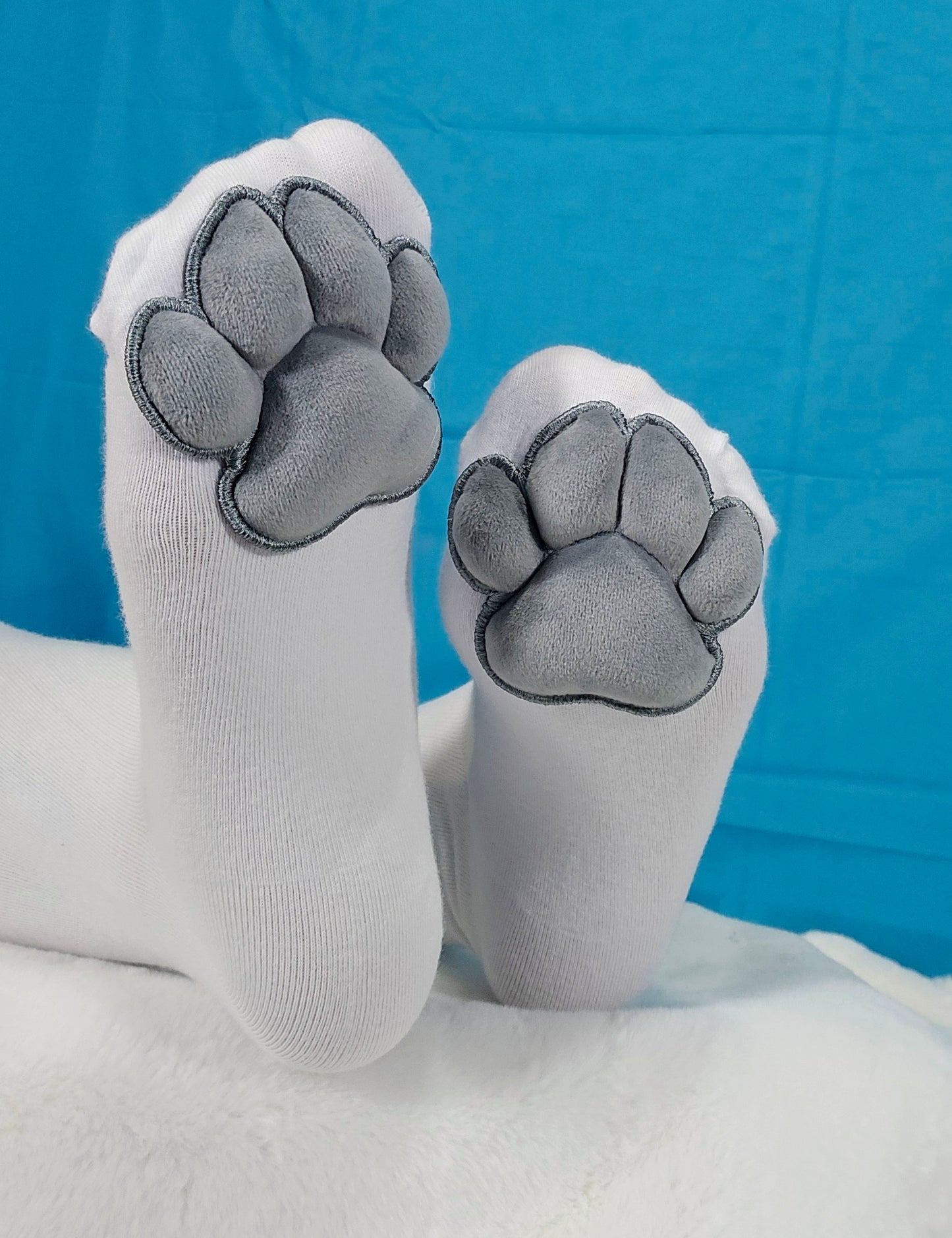 Puffy Grey Mochi Cat Paw Pad Style Bean with White Thigh High Stockings