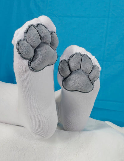 Puffy Grey Mochi Cat Paw Pad Style Bean with White Thigh High Stockings