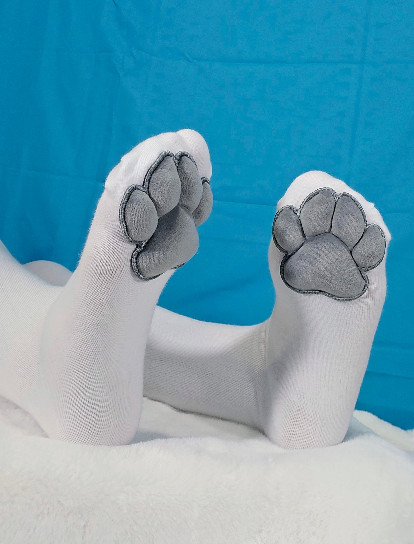 Puffy Grey Mochi Cat Paw Pad Style Bean with White Thigh High Stockings