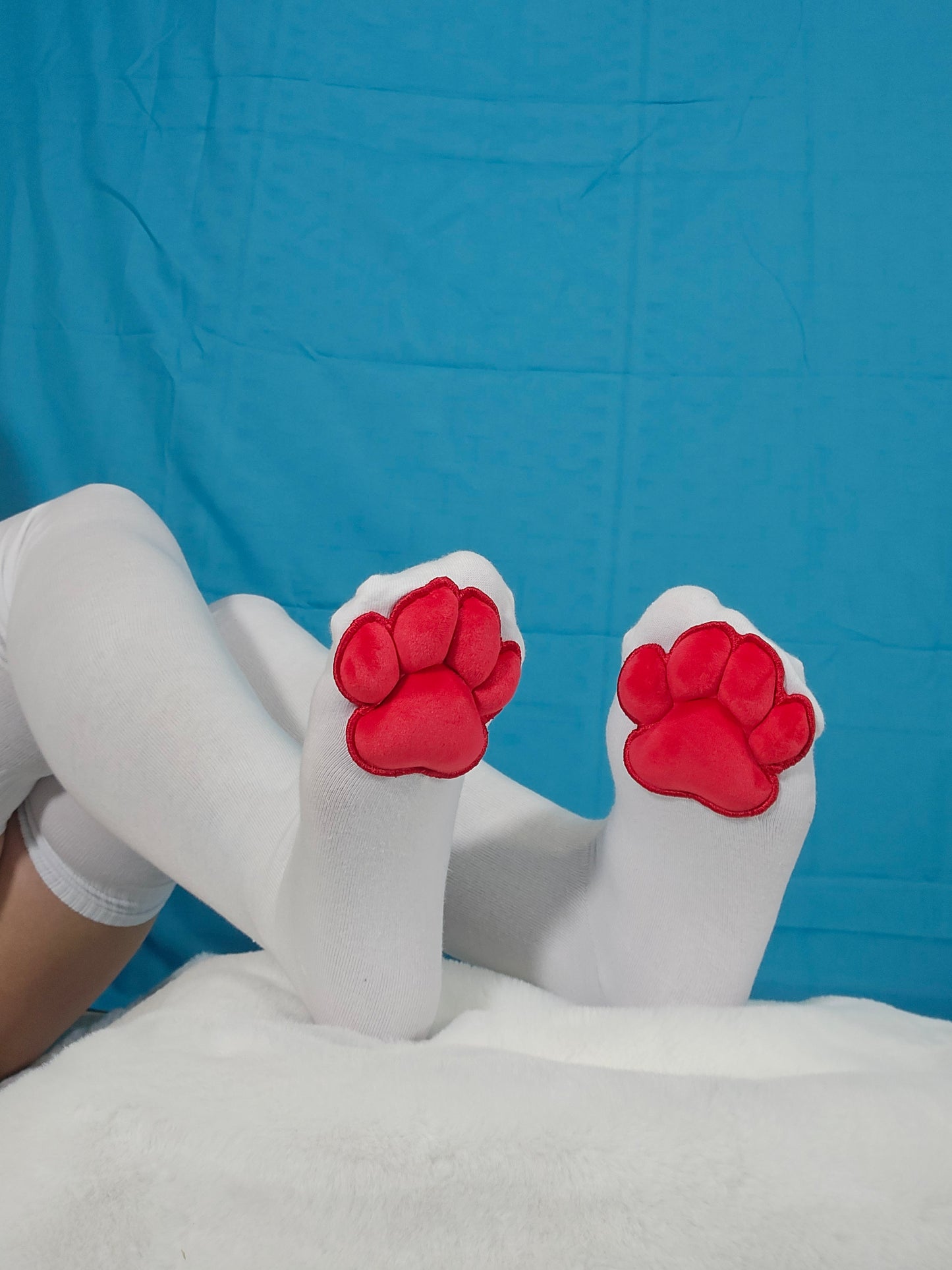 Red Mochi Stuffed Cat Paw Pad on White Thigh High Socks for Cosplay