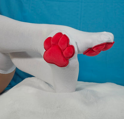 Red Mochi Stuffed Cat Paw Pad on White Thigh High Socks for Cosplay
