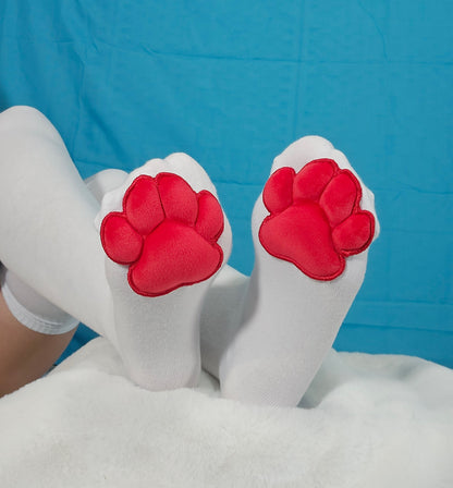 Red Mochi Stuffed Cat Paw Pad on White Thigh High Socks for Cosplay