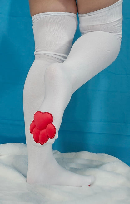 Red Mochi Stuffed Cat Paw Pad on White Thigh High Socks for Cosplay