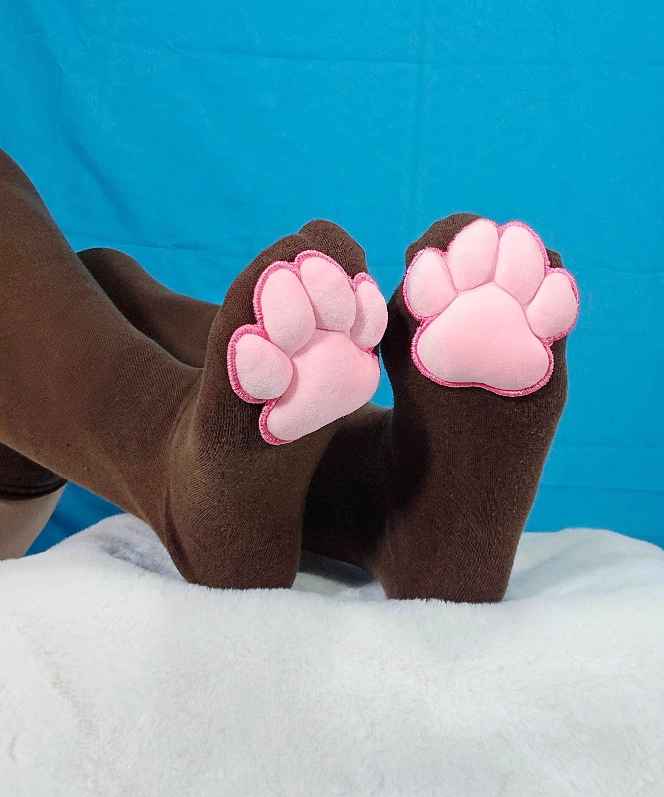 Pink Plush Mochi Paw Pads on Brown Thigh High Socks