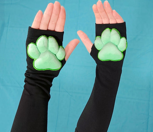 Green Mochi Stuffed Cat Plush Pawpads on Black Fingerless Gloves