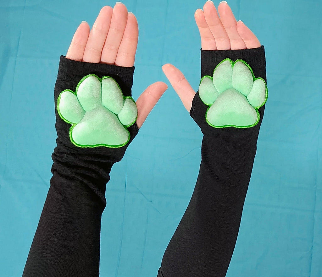 BUNDLE - Paw Pad Socks and Gloves Black with Green Plush Paw Pads