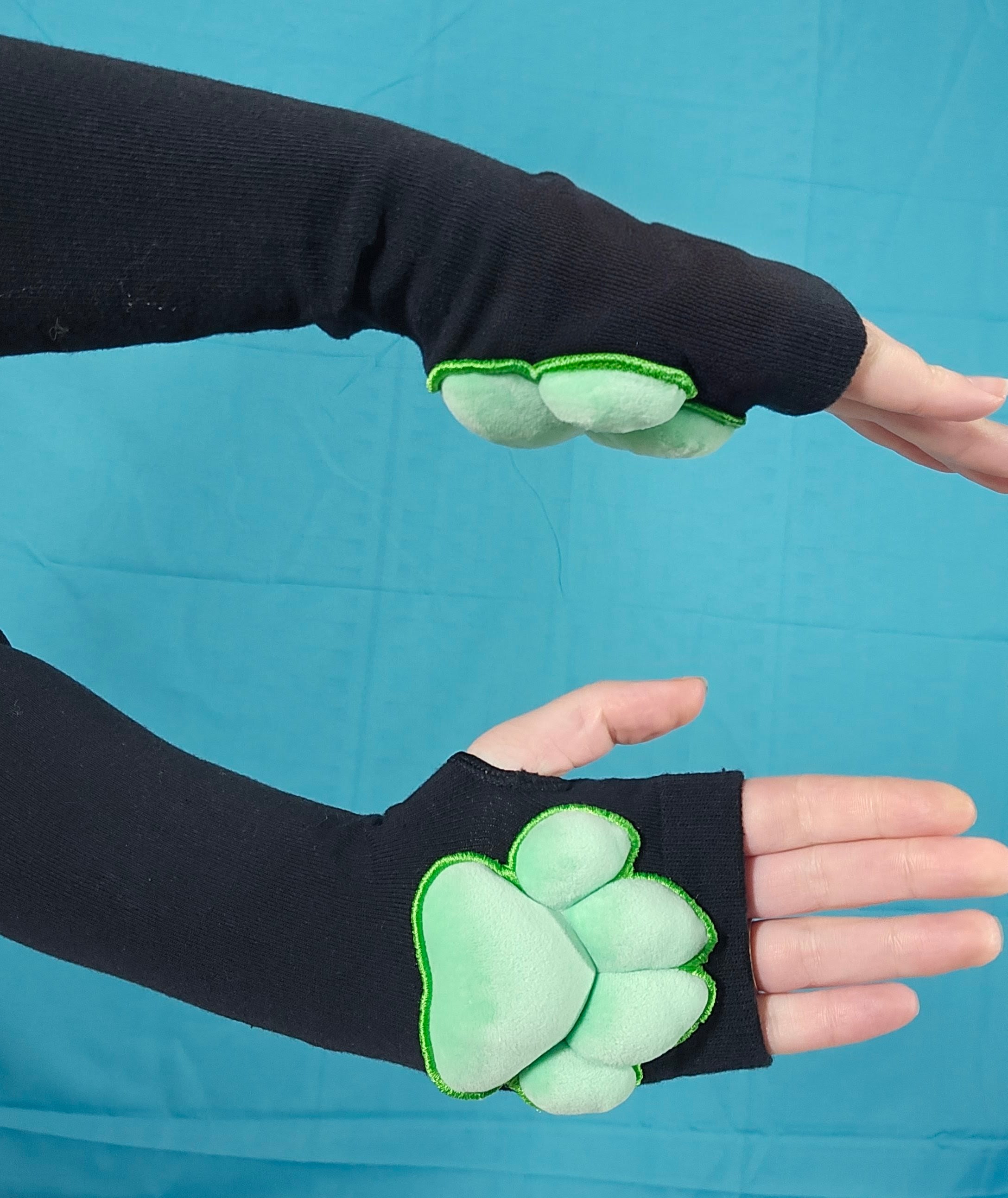 Green Mochi Stuffed Cat Plush Pawpads on Black Fingerless Gloves