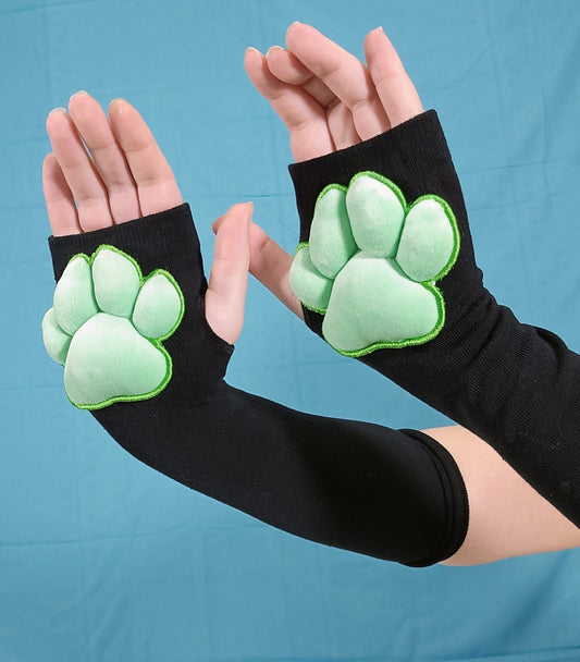 Green Mochi Stuffed Cat Plush Pawpads on Black Fingerless Gloves