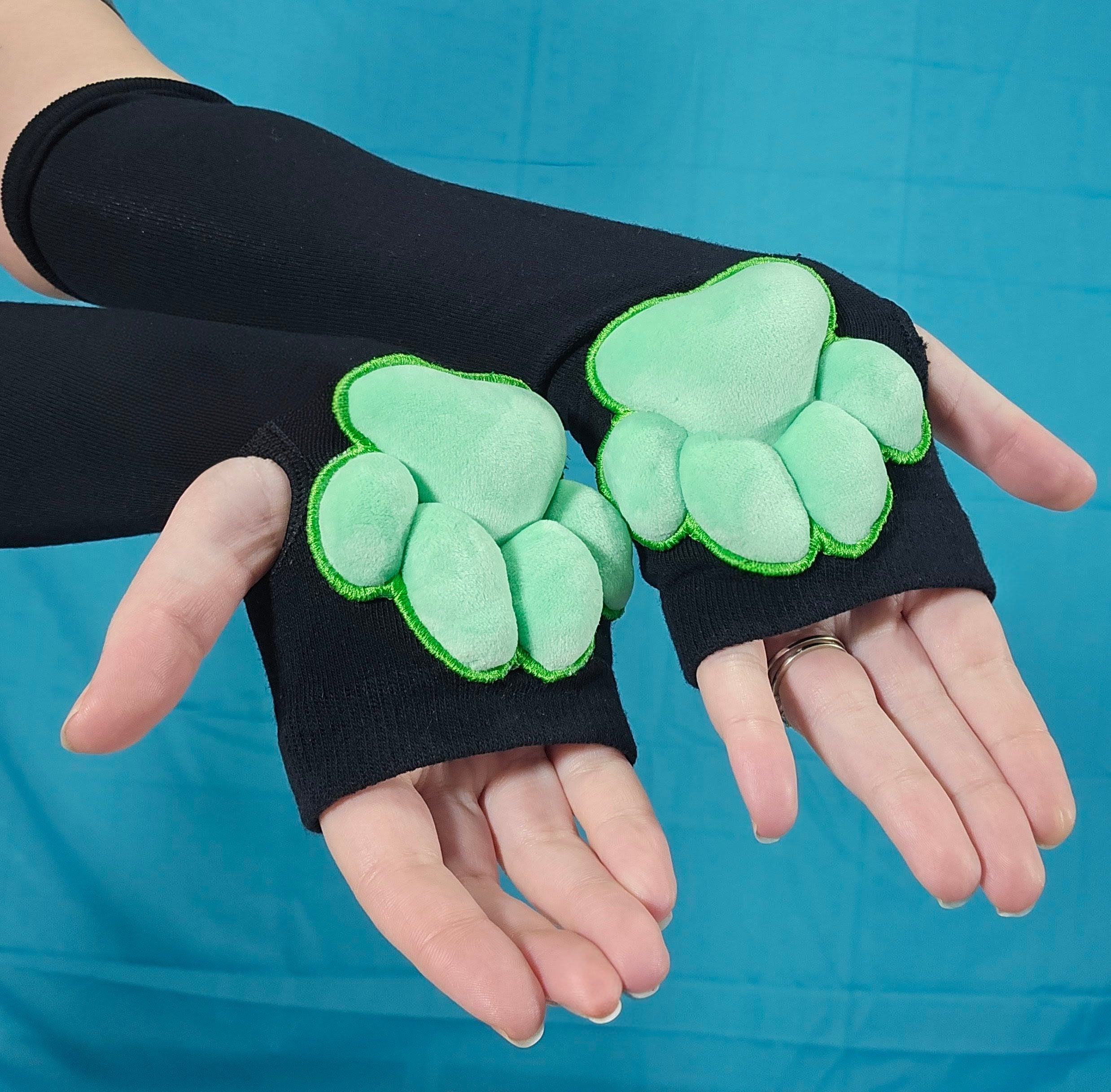 Green Mochi Stuffed Cat Plush Pawpads on Black Fingerless Gloves