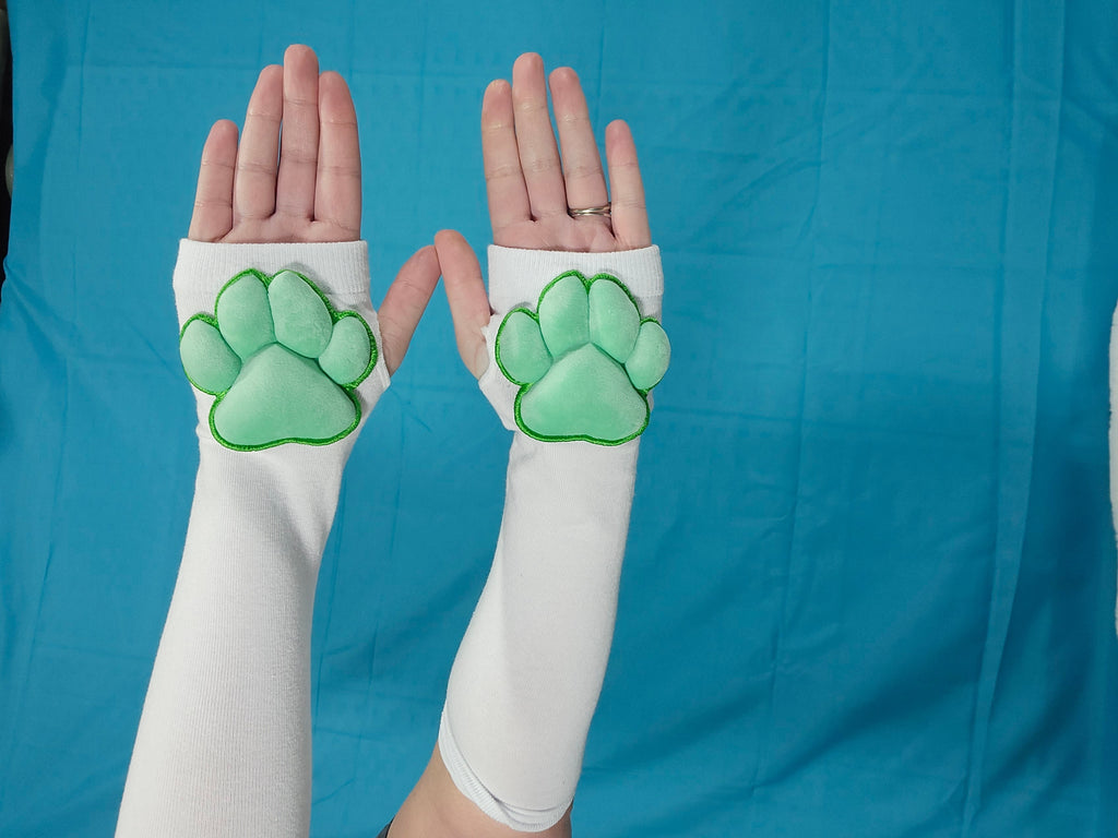 Green Plush Paw Pads on White Fingerless Gloves for Cosplay Furry