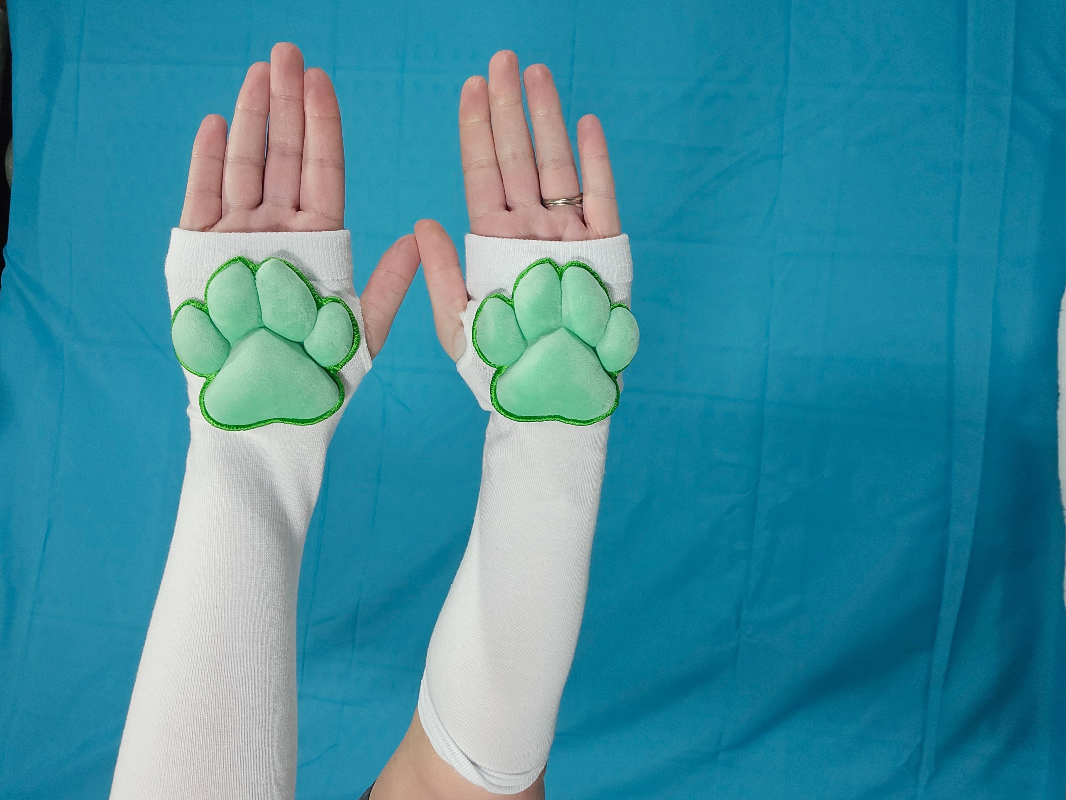 Green Plush Paw Pads on White Fingerless Gloves for Cosplay Furry