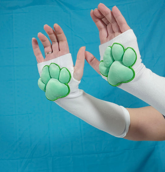 Green Plush Paw Pads on White Fingerless Gloves for Cosplay Furry