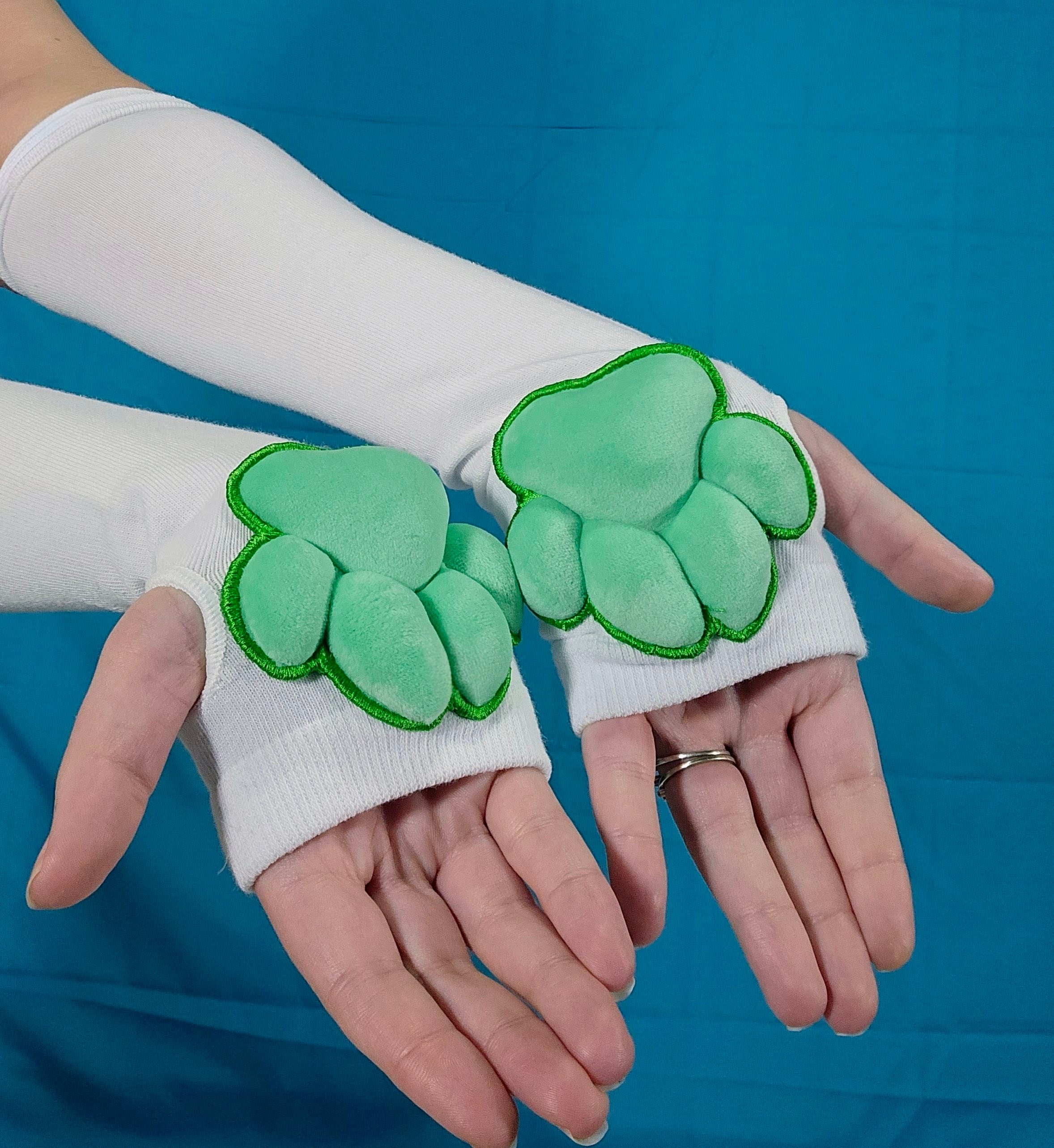 Green Plush Paw Pads on White Fingerless Gloves for Cosplay Furry
