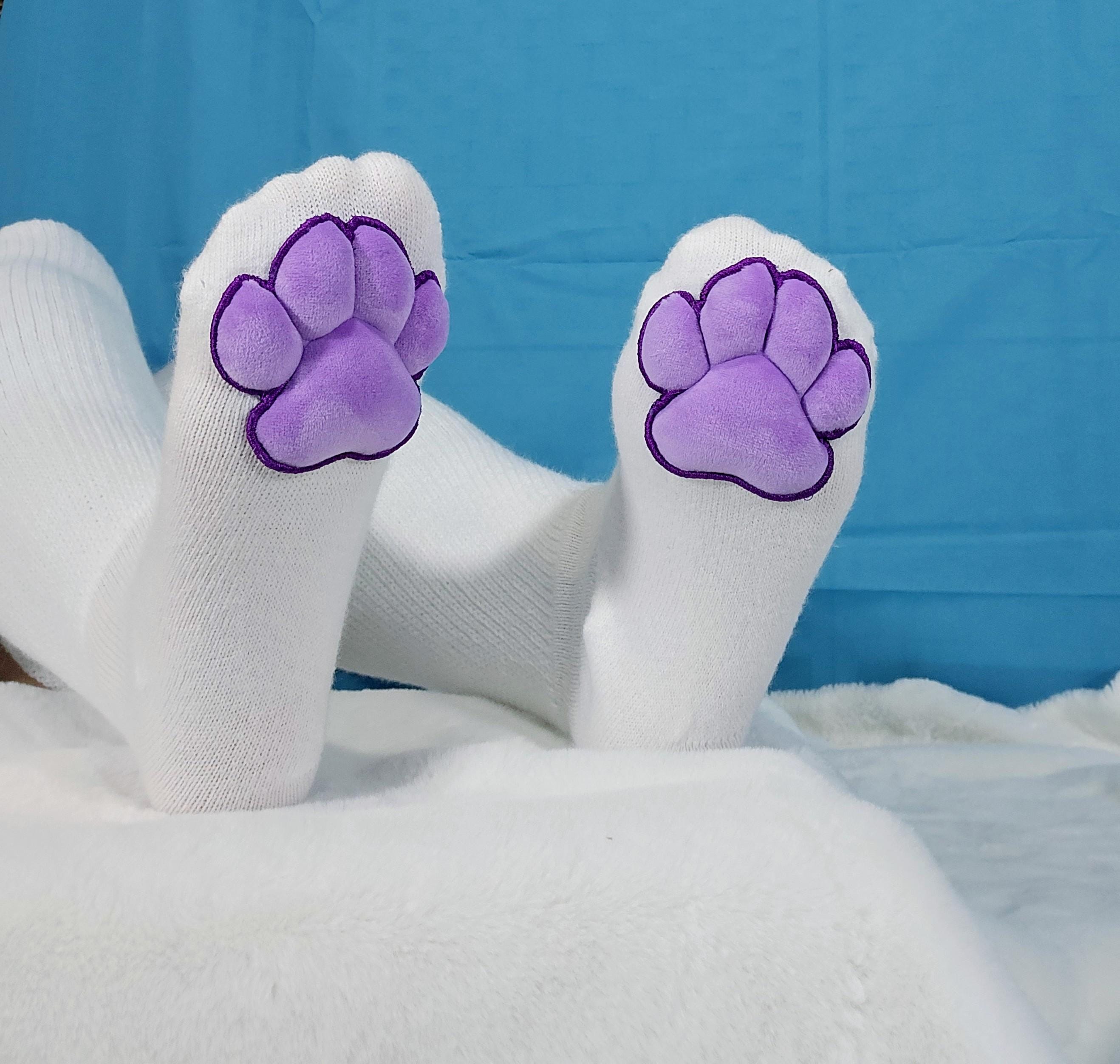 Plush Purple Mochi Paw Pads on White Thigh High Socks