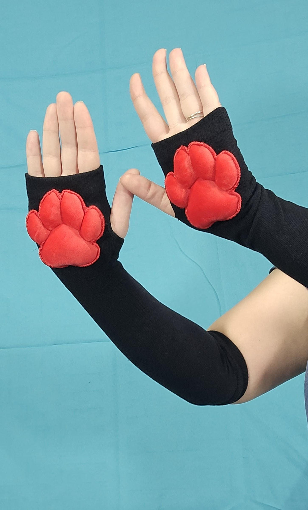 Paw Pad Socks and Gloves Bundle Black Thigh High with Red Plush Paws