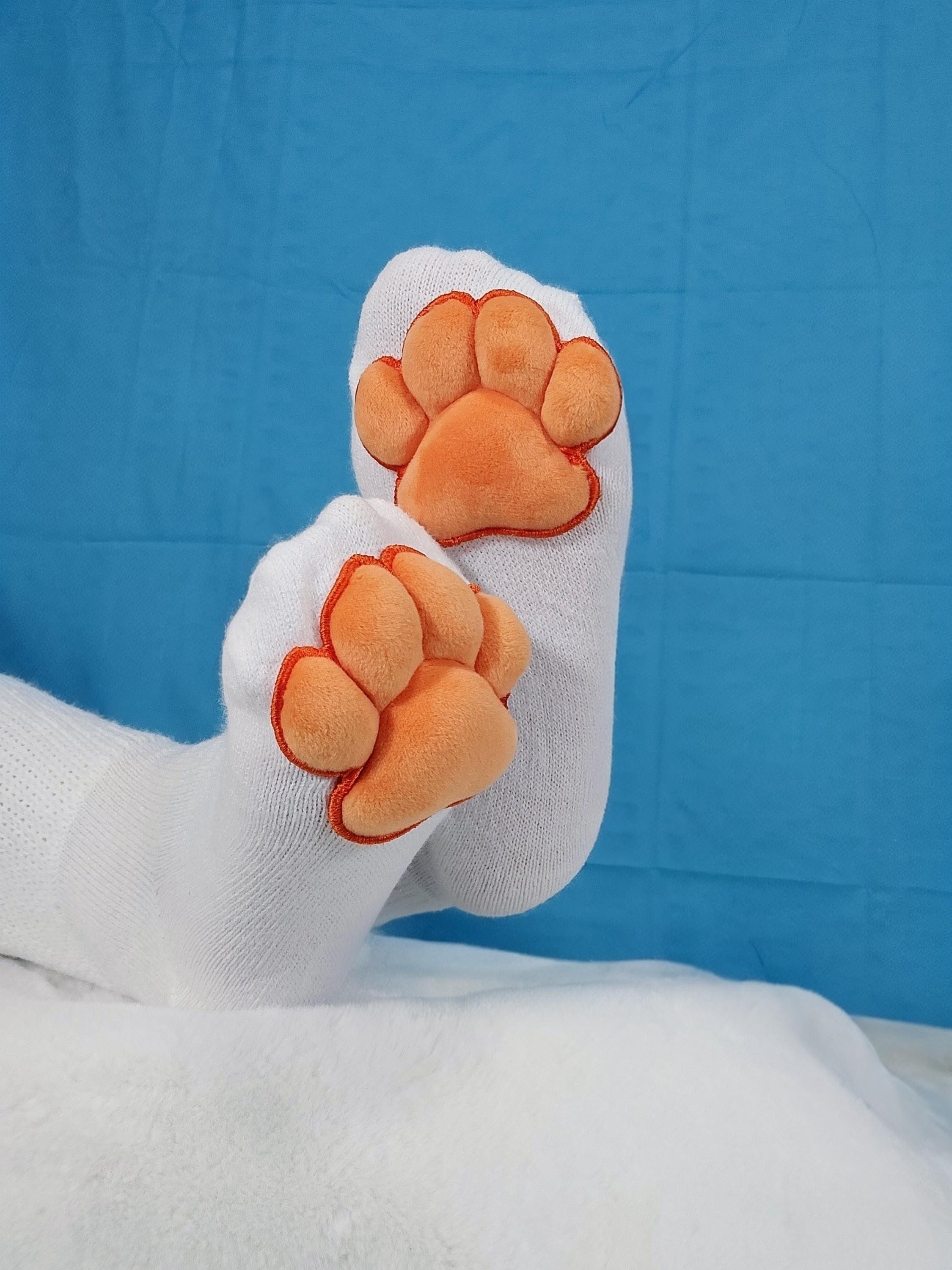 Puffy Orange Mochi Stuffed Cat Paw Pad Bean White Thigh High Stockings