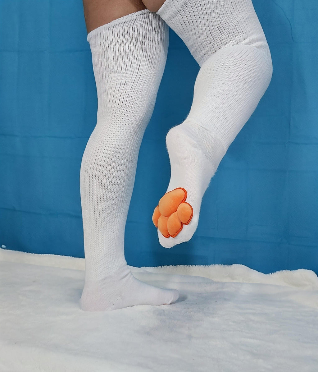 Puffy Orange Mochi Stuffed Cat Paw Pad Bean White Thigh High Stockings