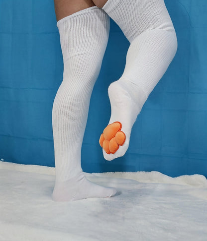 Puffy Orange Mochi Stuffed Cat Paw Pad Bean White Thigh High Stockings