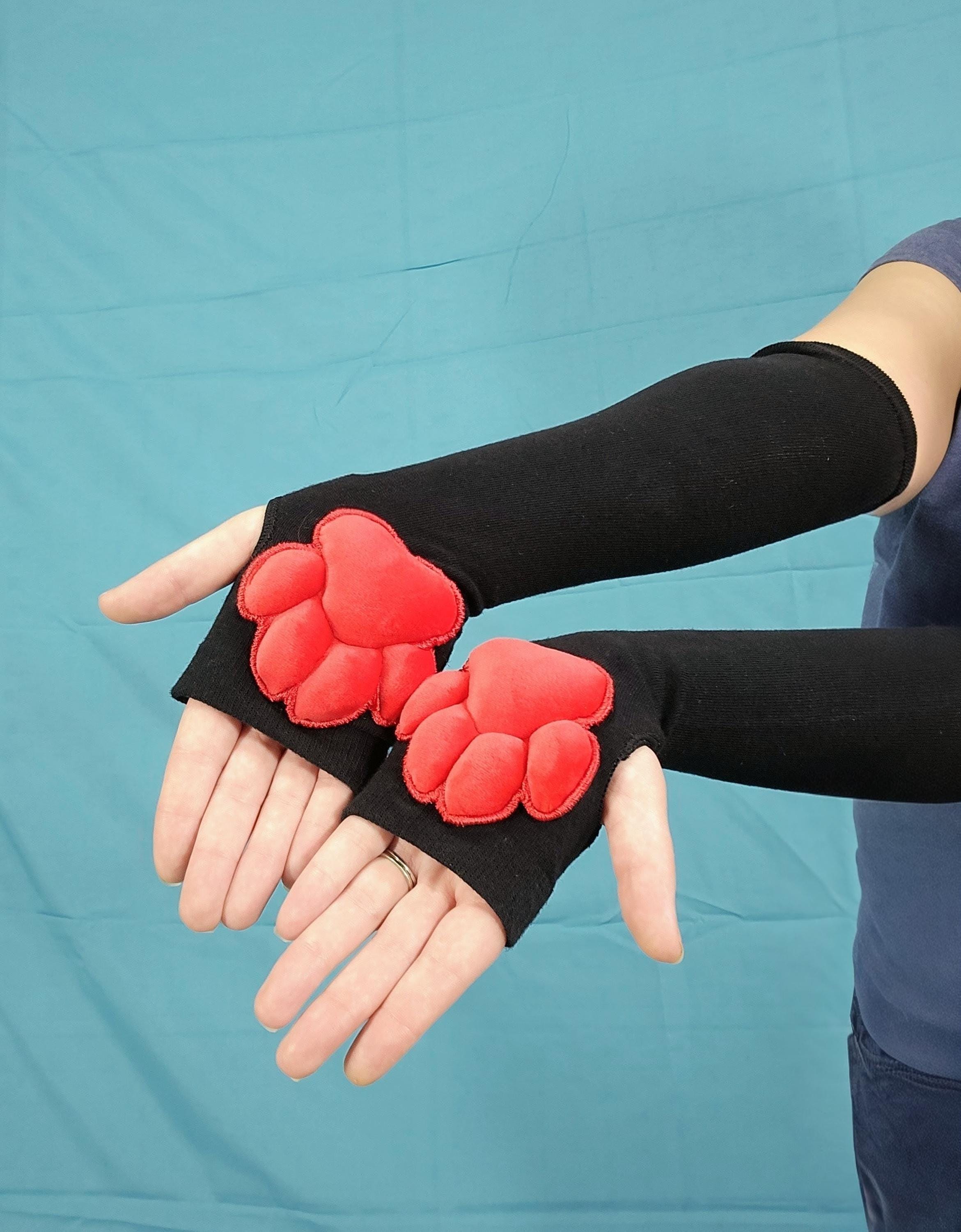 Paw Pad Socks and Gloves Bundle Black Thigh High with Red Plush Paws