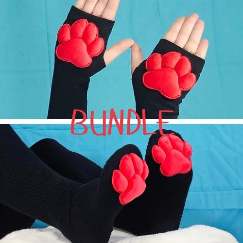Paw Pad Socks and Gloves Bundle Black Thigh High with Red Plush Paws