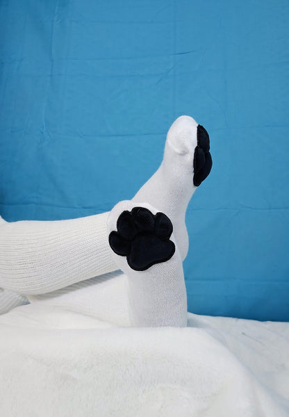 Plush Black Paw Pad Beans on White Thigh High Socks