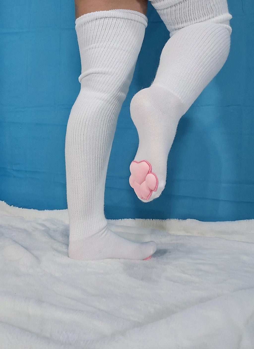 Mochi Stuffed Puffy Pink Cat Paw Pad Beans on White Thigh High Stockings