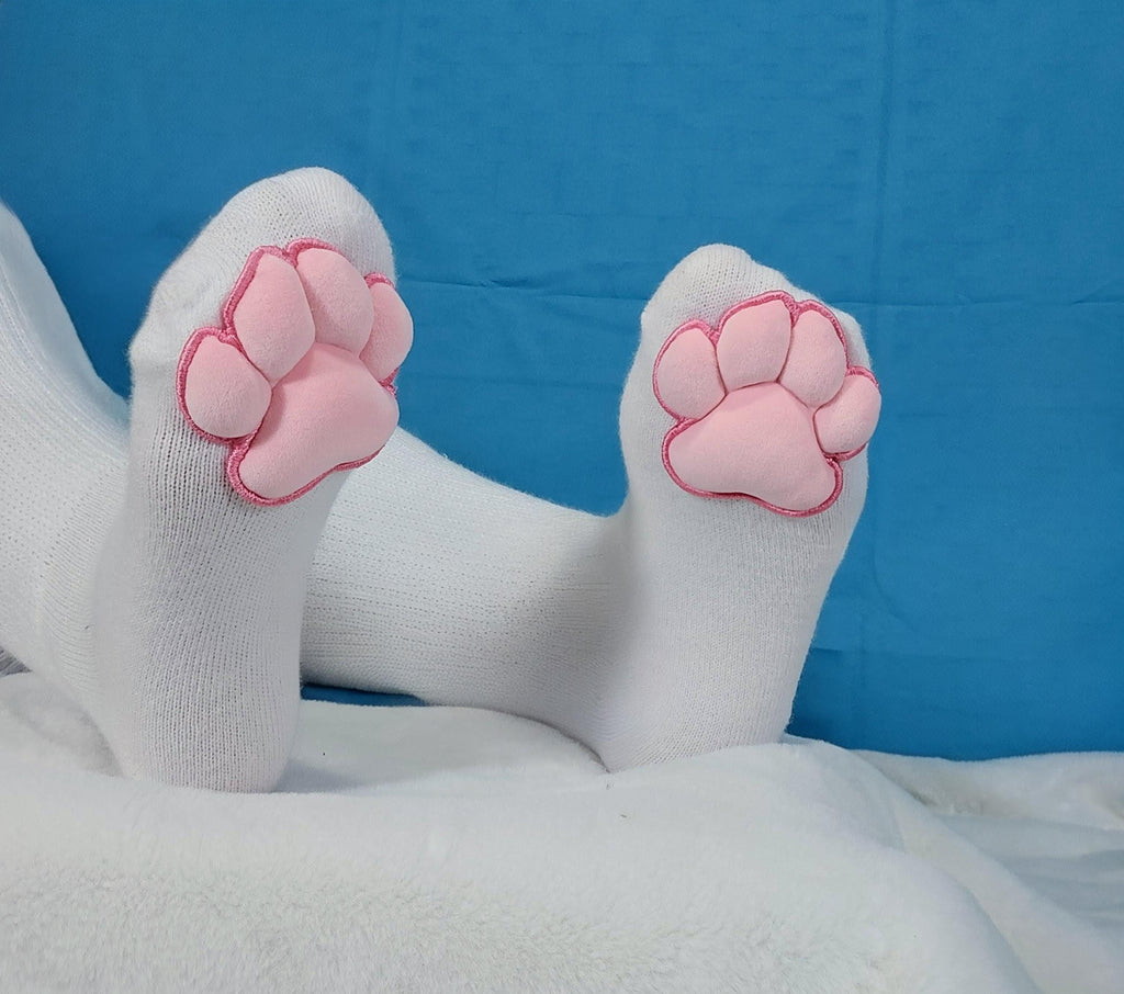 Mochi Stuffed Puffy Pink Cat Paw Pad Beans on White Thigh High Stockings