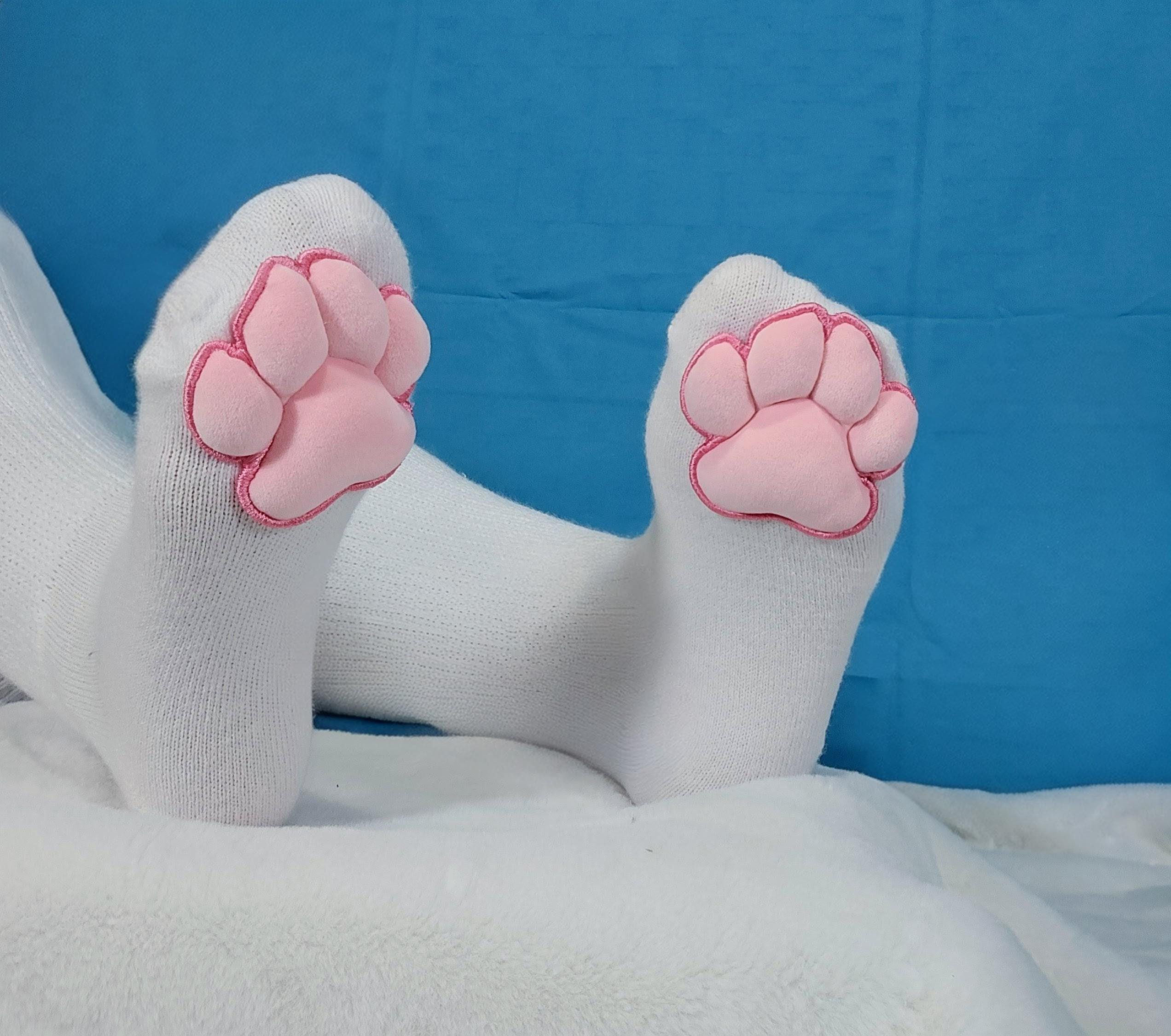 Mochi Stuffed Puffy Pink Cat Paw Pad Beans on White Thigh High Stockings