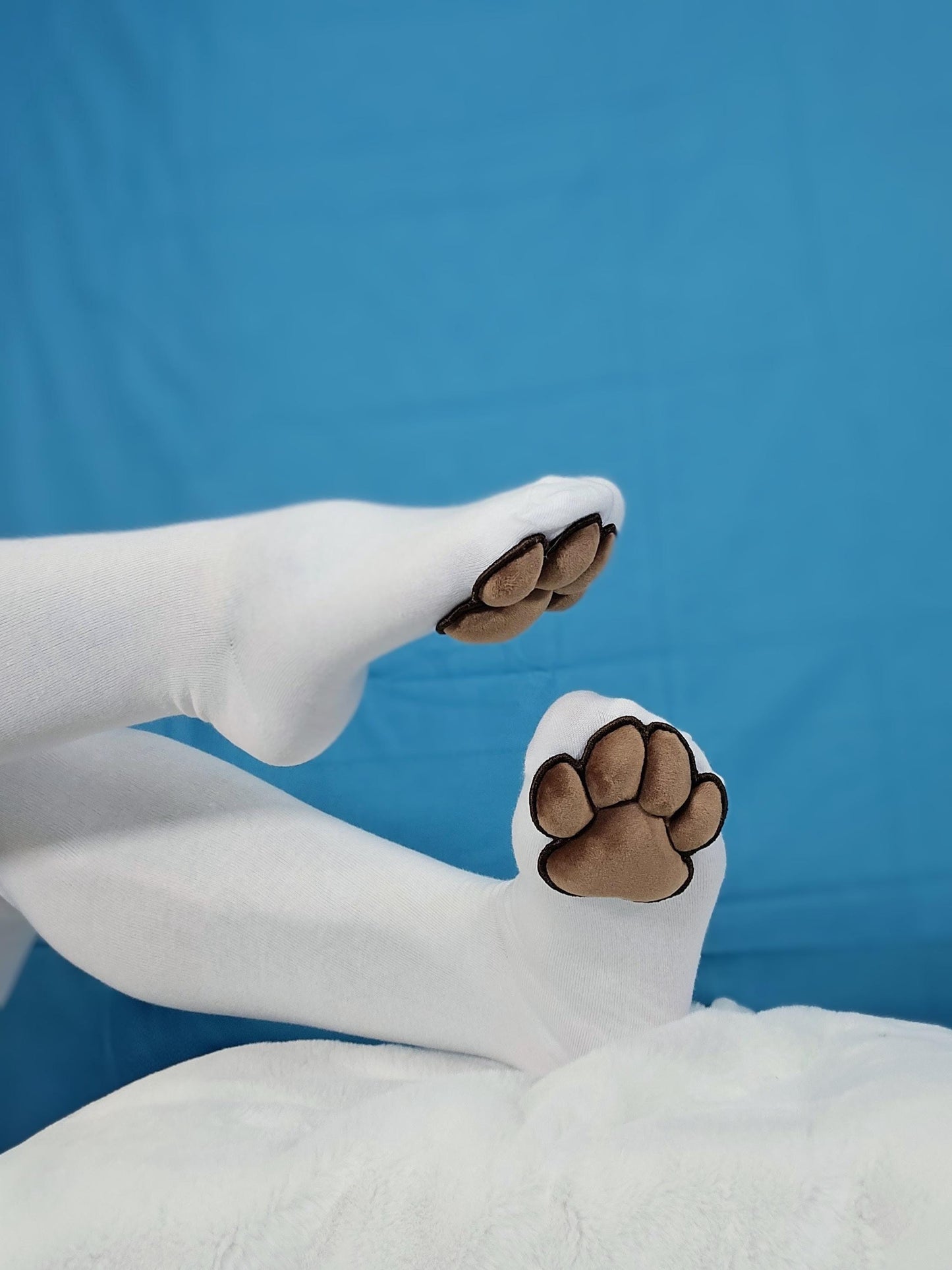 Plush Brown Mochi Paw Pad Beans on White Thigh High Stockings