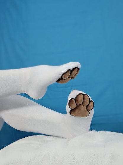 Plush Brown Mochi Paw Pad Beans on White Thigh High Stockings