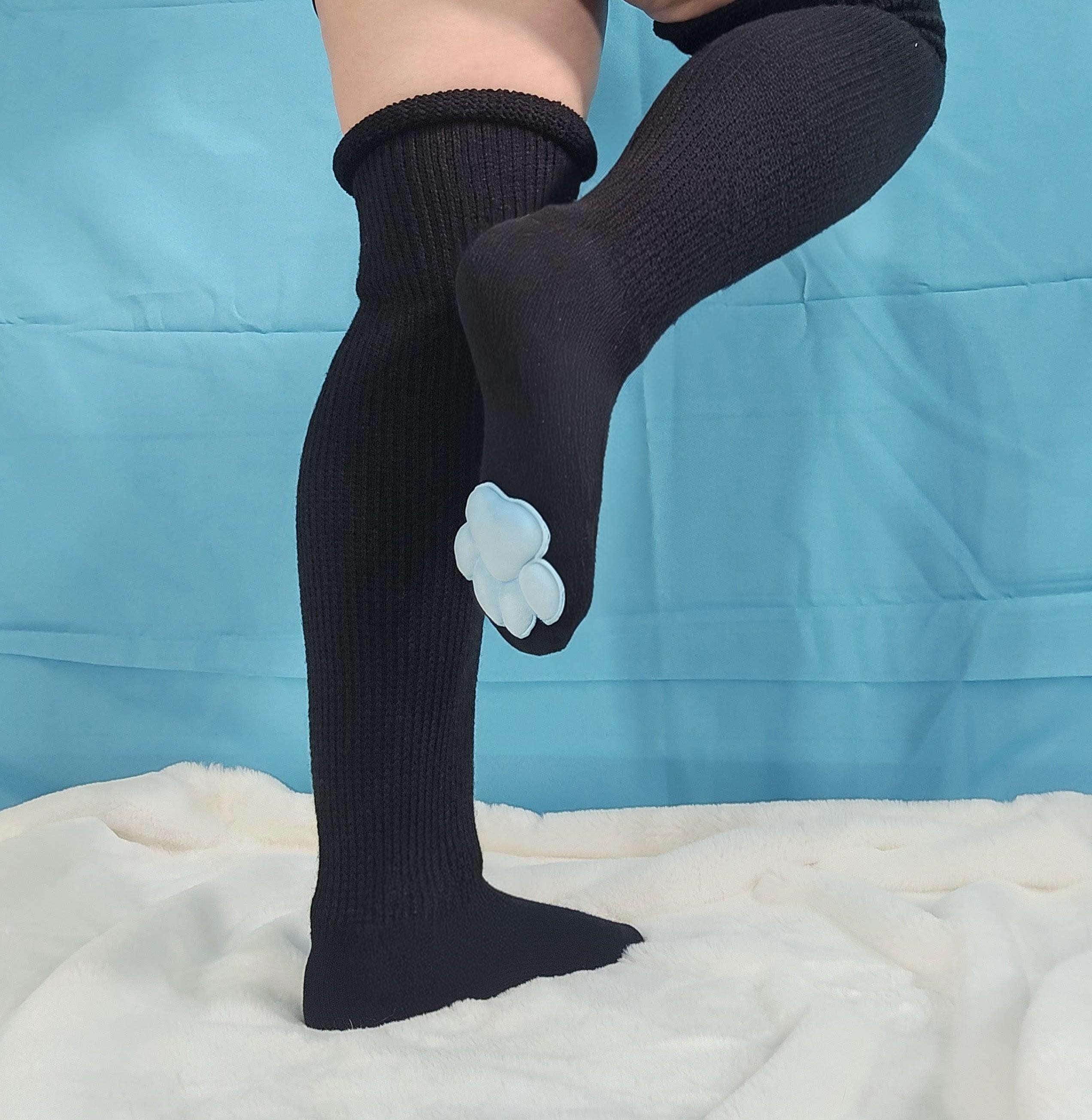 Plush Blue Mochi Paw Pad Socks Black Thigh Highs