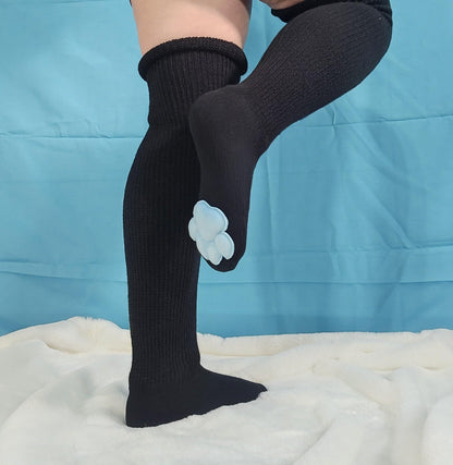 Plush Blue Mochi Paw Pad Socks Black Thigh Highs