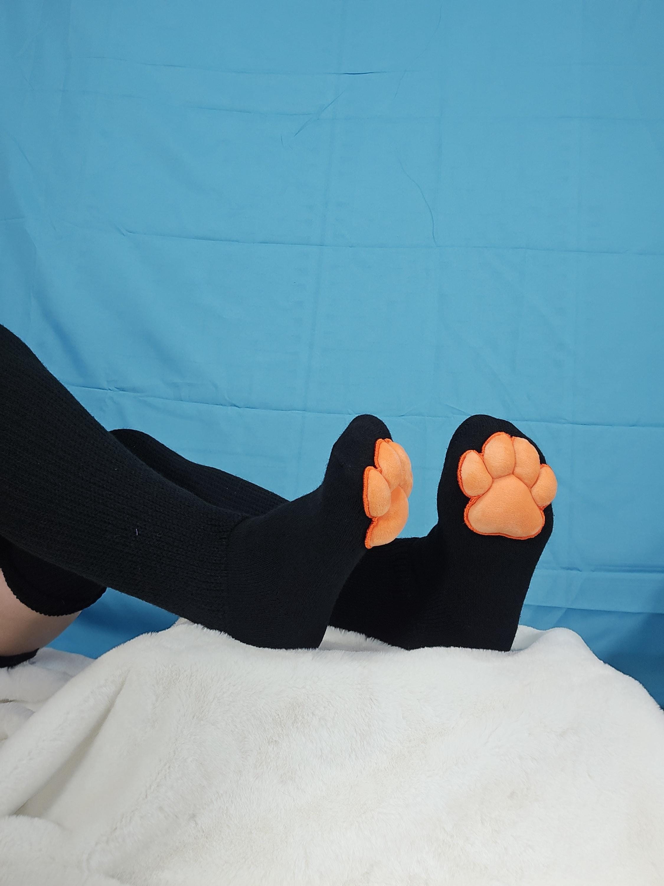 Orange Mochi Plush Paw Pad Sock Black Thigh Highs