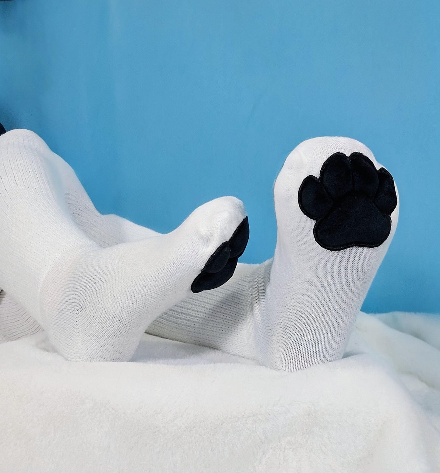 Plush Black Paw Pad Beans on White Thigh High Socks