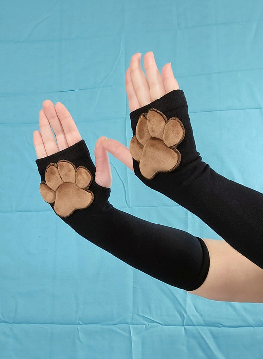 Brown Mochi Stuffed Cat Plush Pawpads on Black Fingerless Gloves