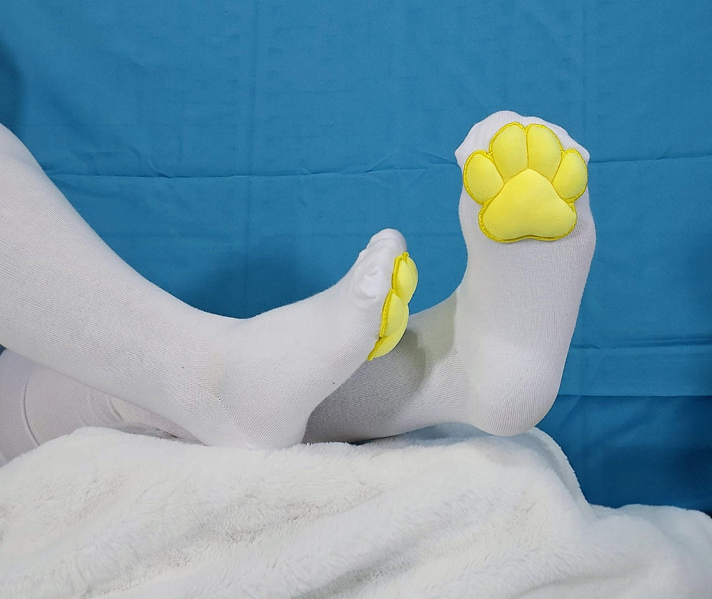 Plush Yellow Mochi Paw Pad Beans White Thigh High Stockings
