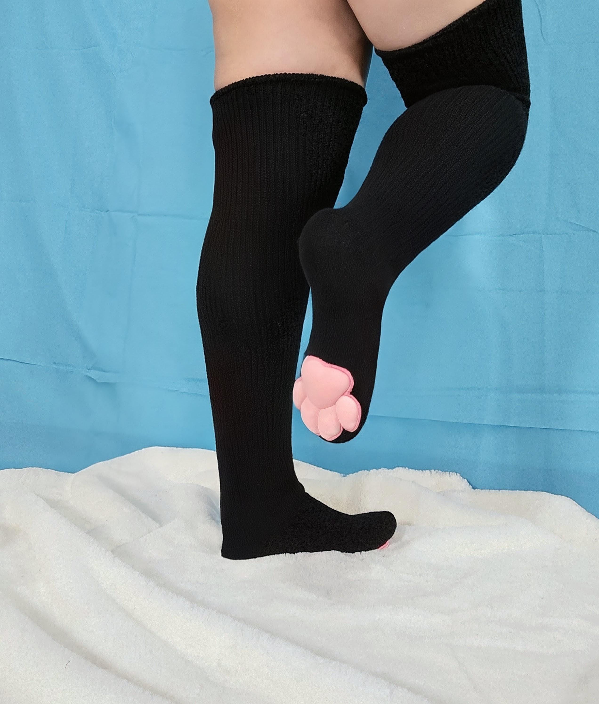 Pink Plush Mochi Paw Pads on Black Thigh High Socks