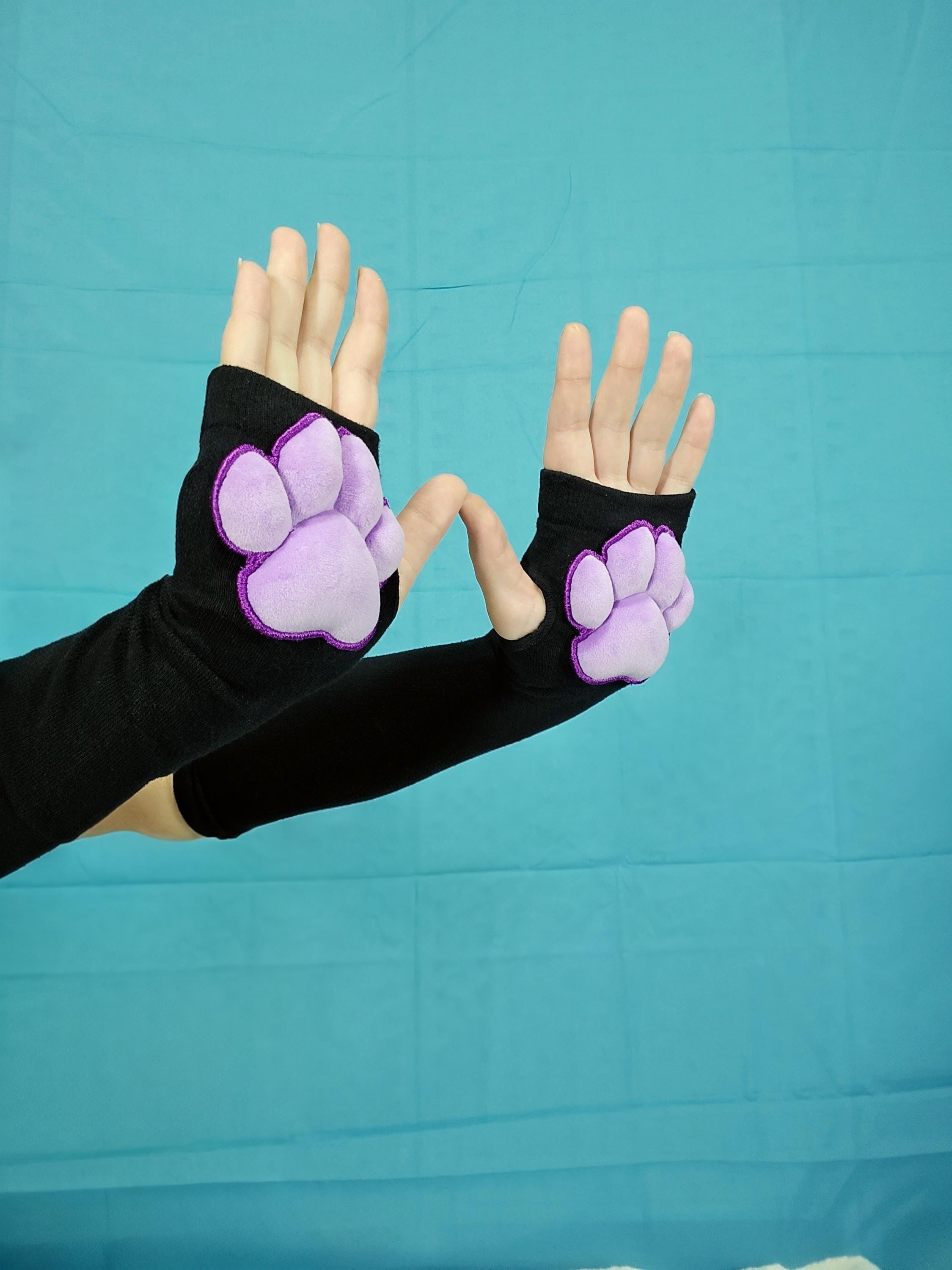 Purple Mochi Stuffed Cat Puffy Pawpad Bean on Black Gloves Furry Cosplay