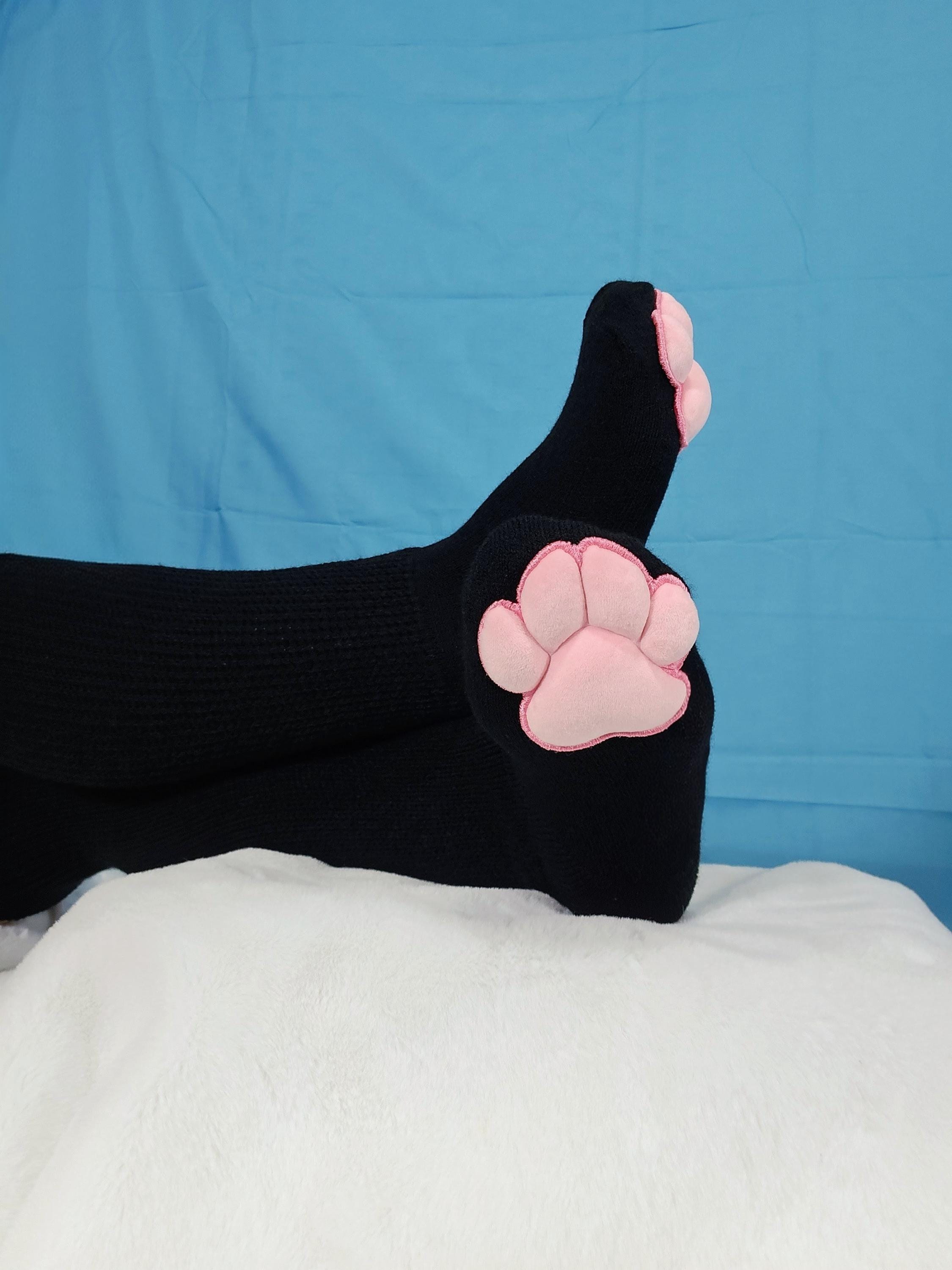 Pink Plush Mochi Paw Pads on Black Thigh High Socks