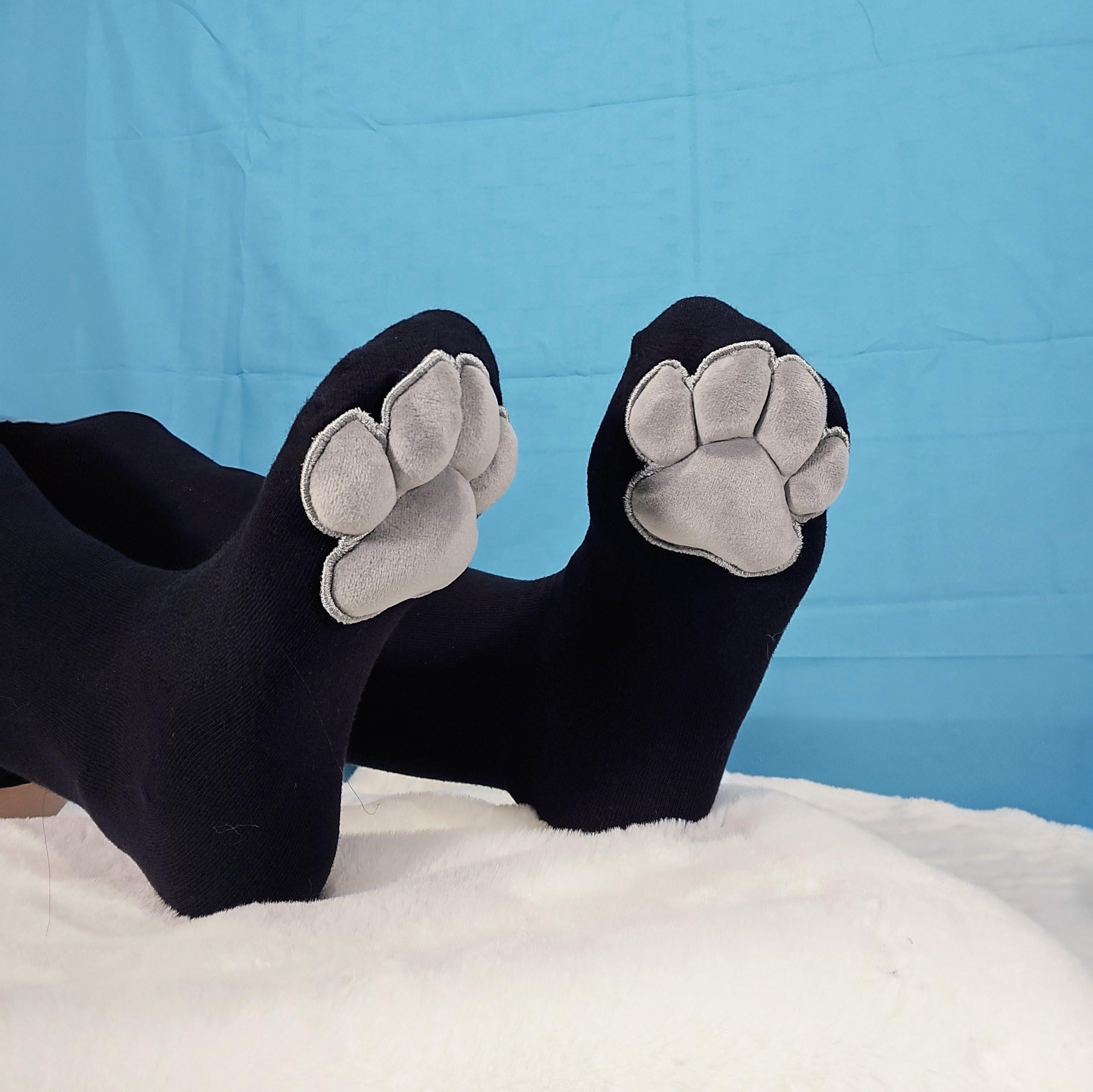 Grey Plush Mochi Paw Pads on Black Thigh High Socks
