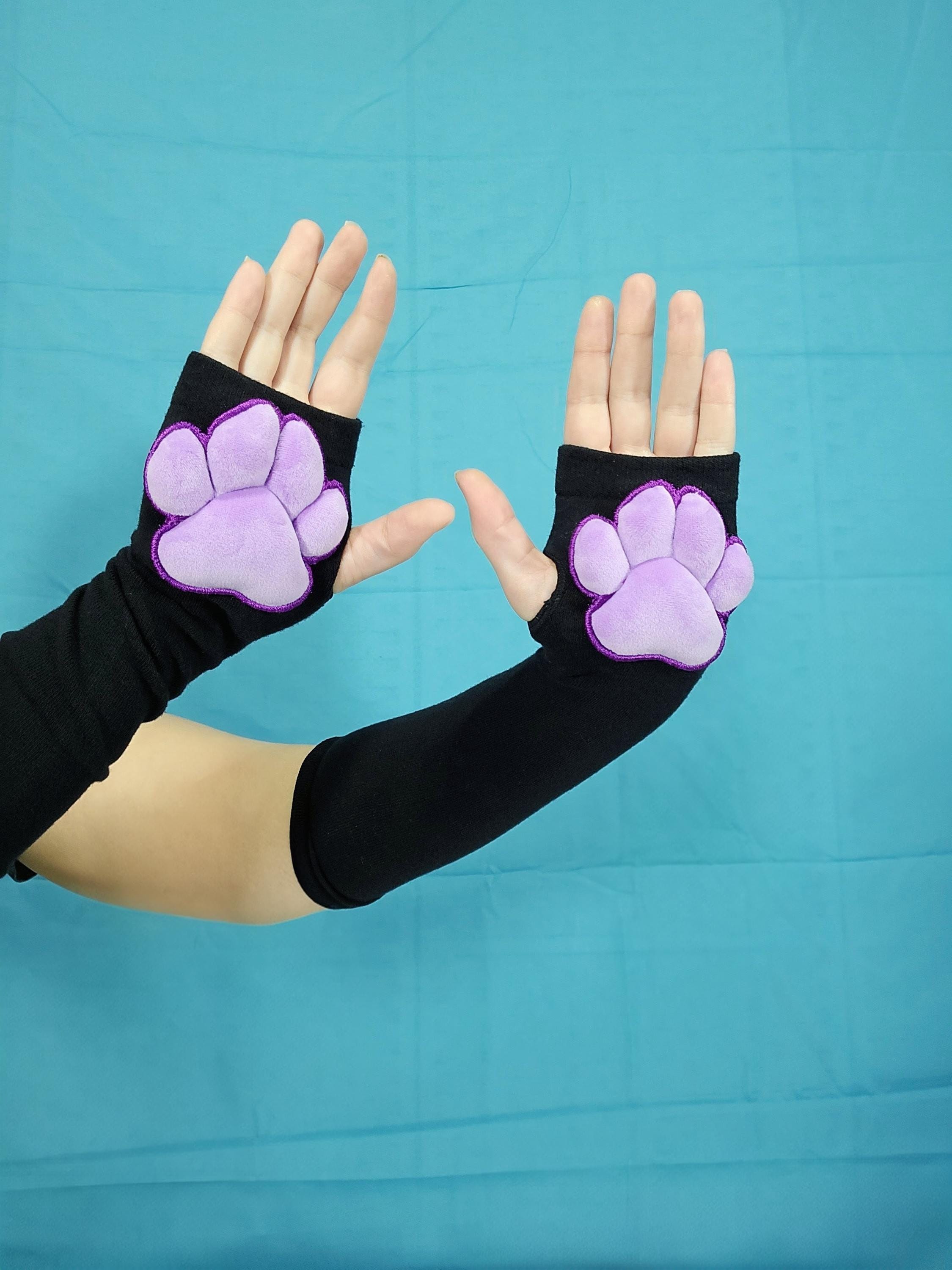 Purple Mochi Stuffed Cat Puffy Pawpad Bean on Black Gloves Furry Cosplay