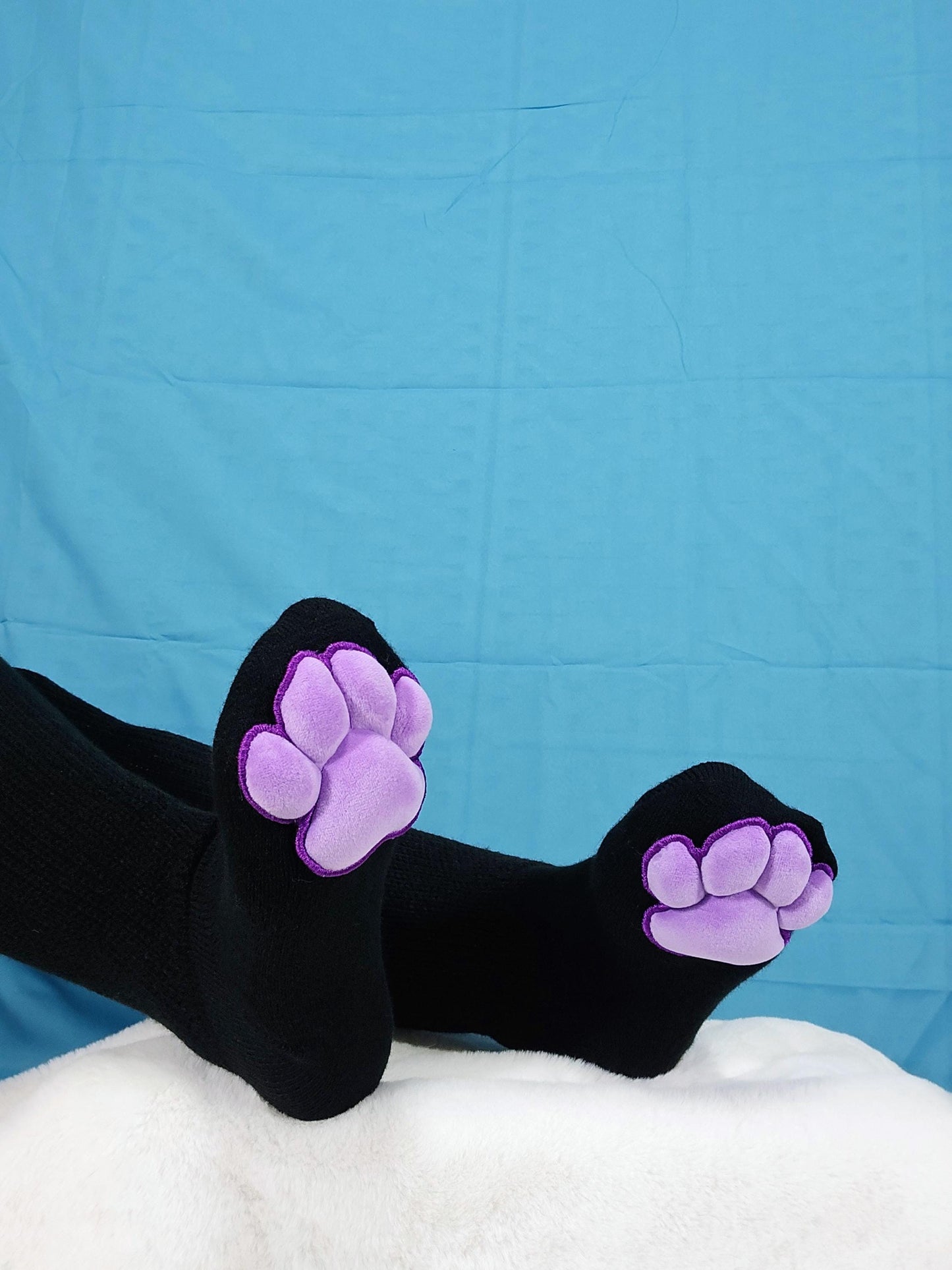 Plush Purple Mochi Paw Pad Socks Black Thigh Highs