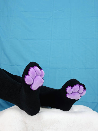 Plush Purple Mochi Paw Pad Socks Black Thigh Highs