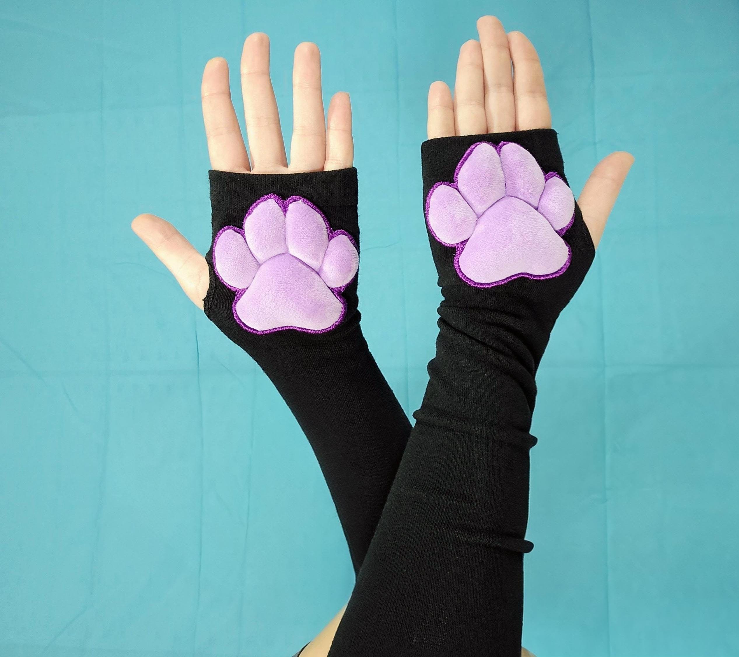 Purple Mochi Stuffed Cat Puffy Pawpad Bean on Black Gloves Furry Cosplay